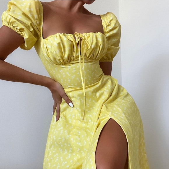 House of CB Dresses Tallulah Puff Sleeve Milkmaid Dress In Yellow